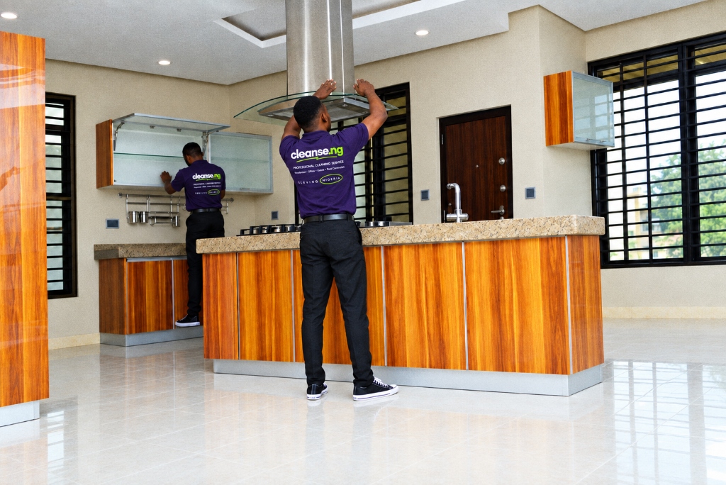 Kitchen cabinets and extractor hood being wiped down during a deep clean in an Ibadan home